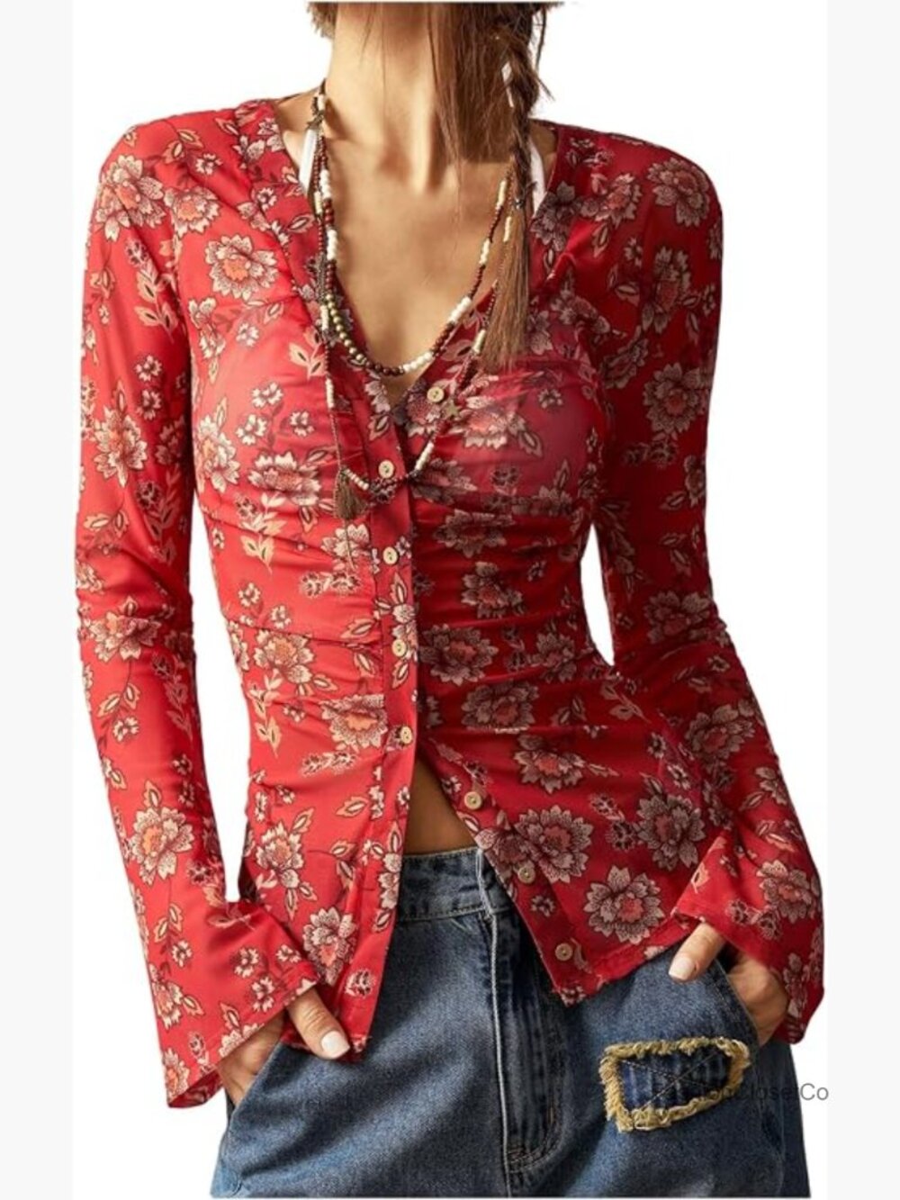 Long Sleeve V Neck Floral Print Button Down Blouse Fitted Tops - Picture 1 of 7